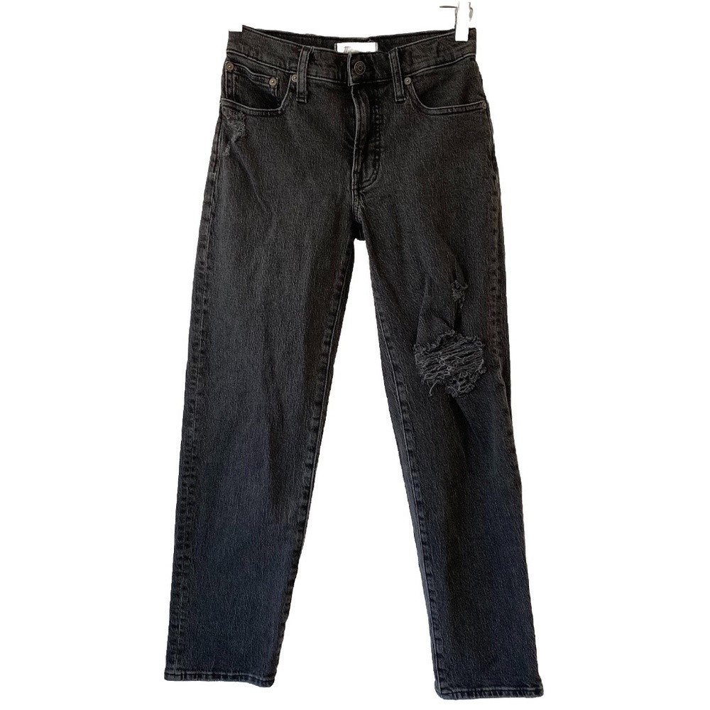 MADEWELL The Mid-Rise Perfect Vintage Straight Distressed Jeans Black Sz 24